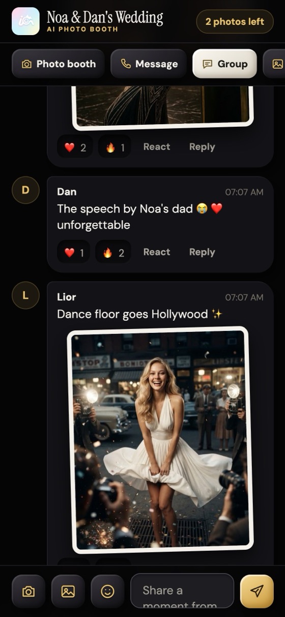 The group: posts, photos, reactions and replies.