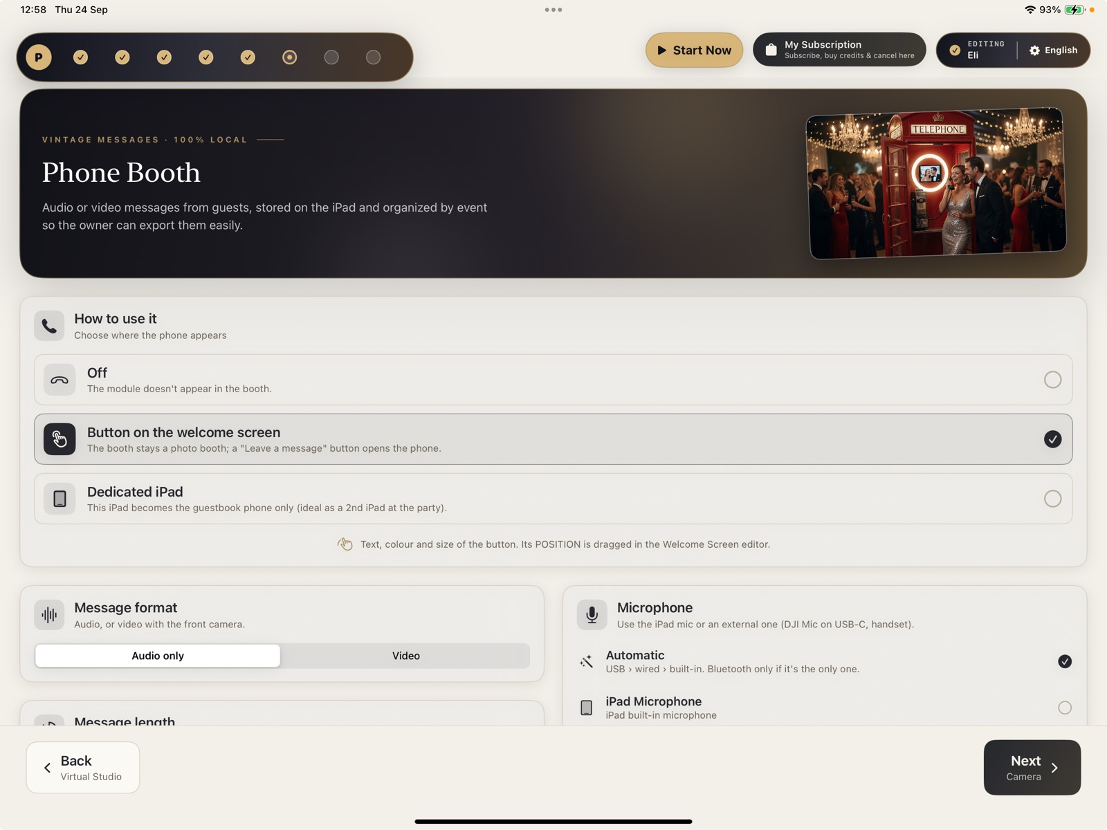 Photoboo Phone Booth setup on iPad: audio or video guest messages stored on the iPad