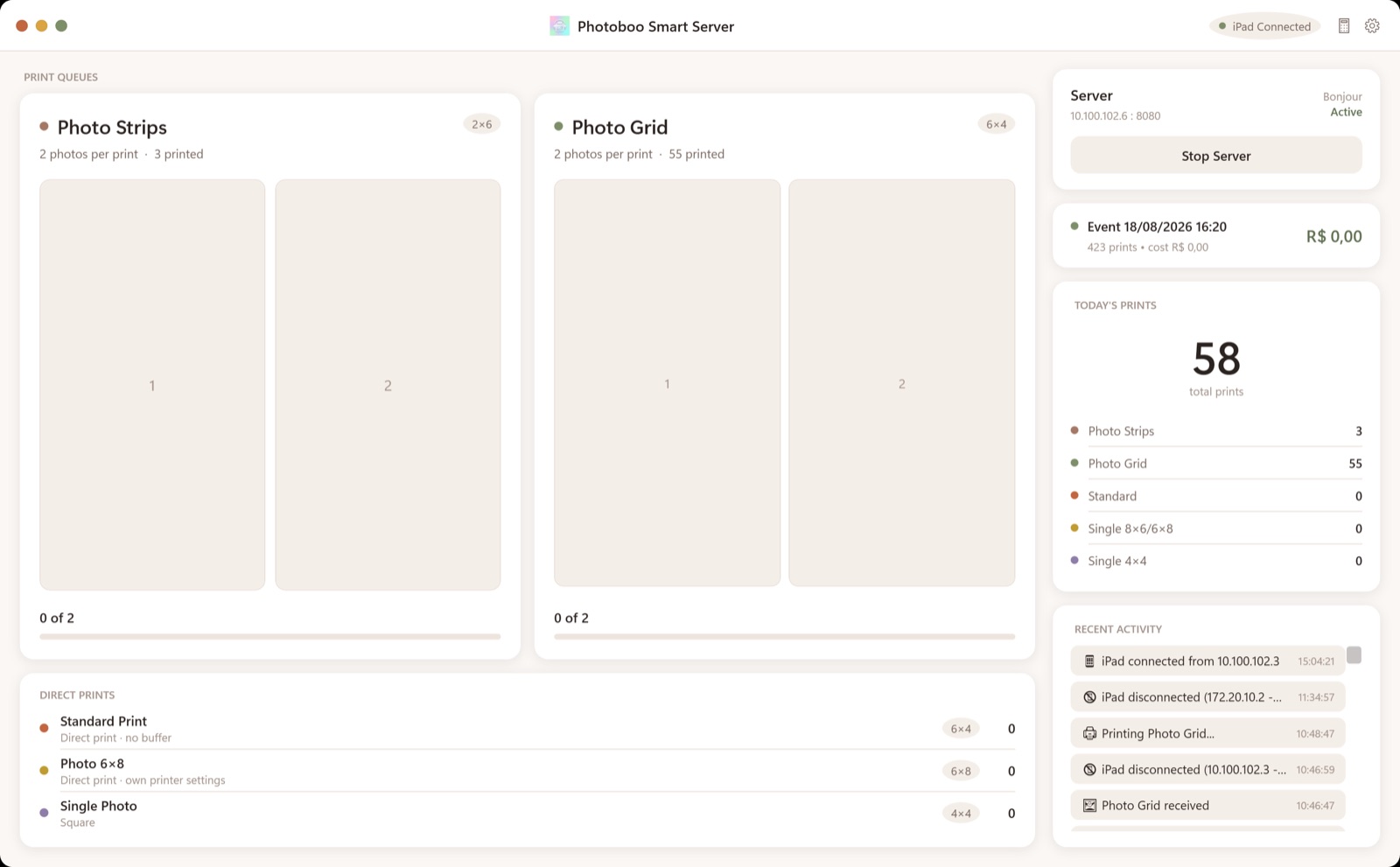 Photoboo Smart Server on Windows: print queues, today's prints and the connected iPad
