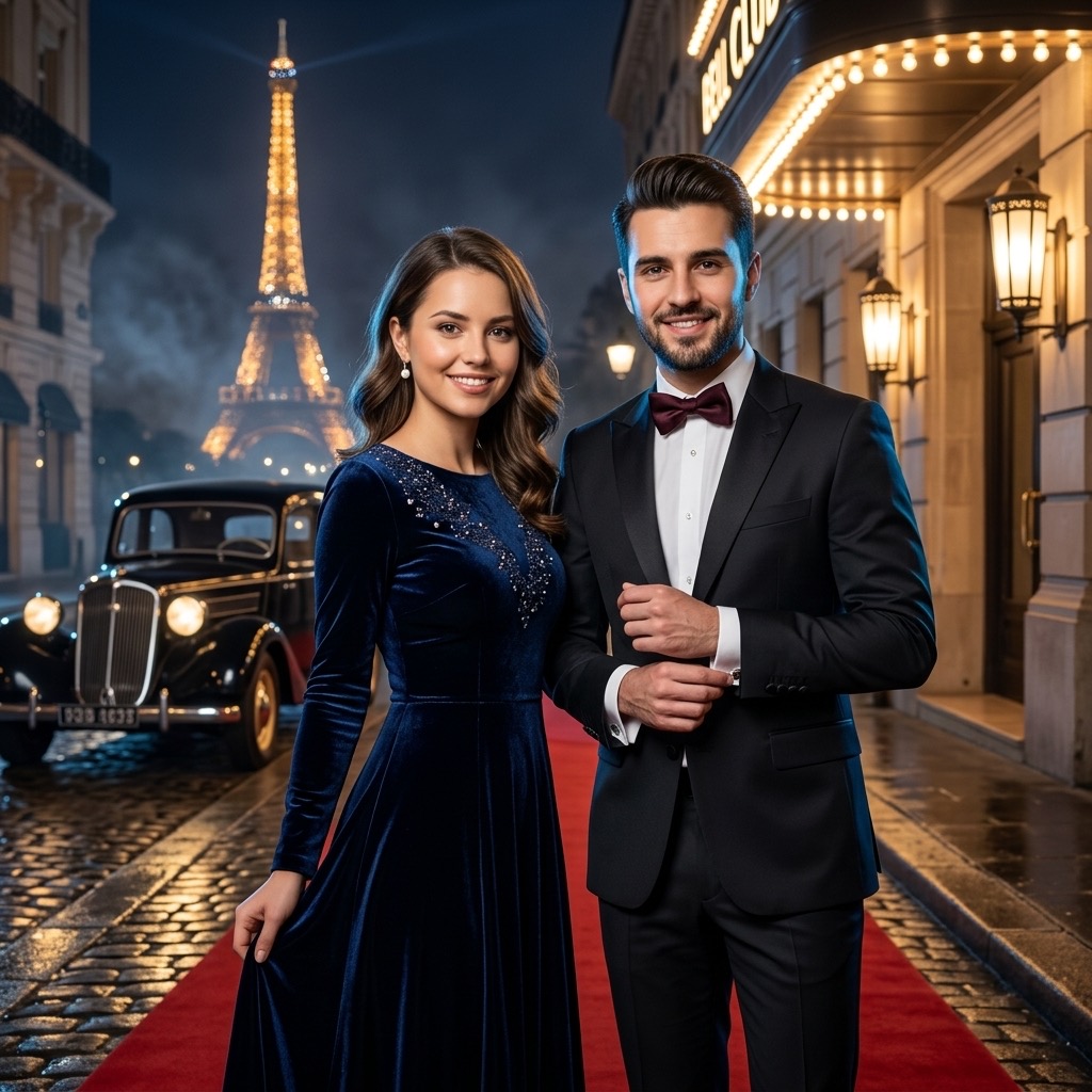 Red-carpet gala AI style: two guests in tuxedos, generated by Photoboo from one booth photo